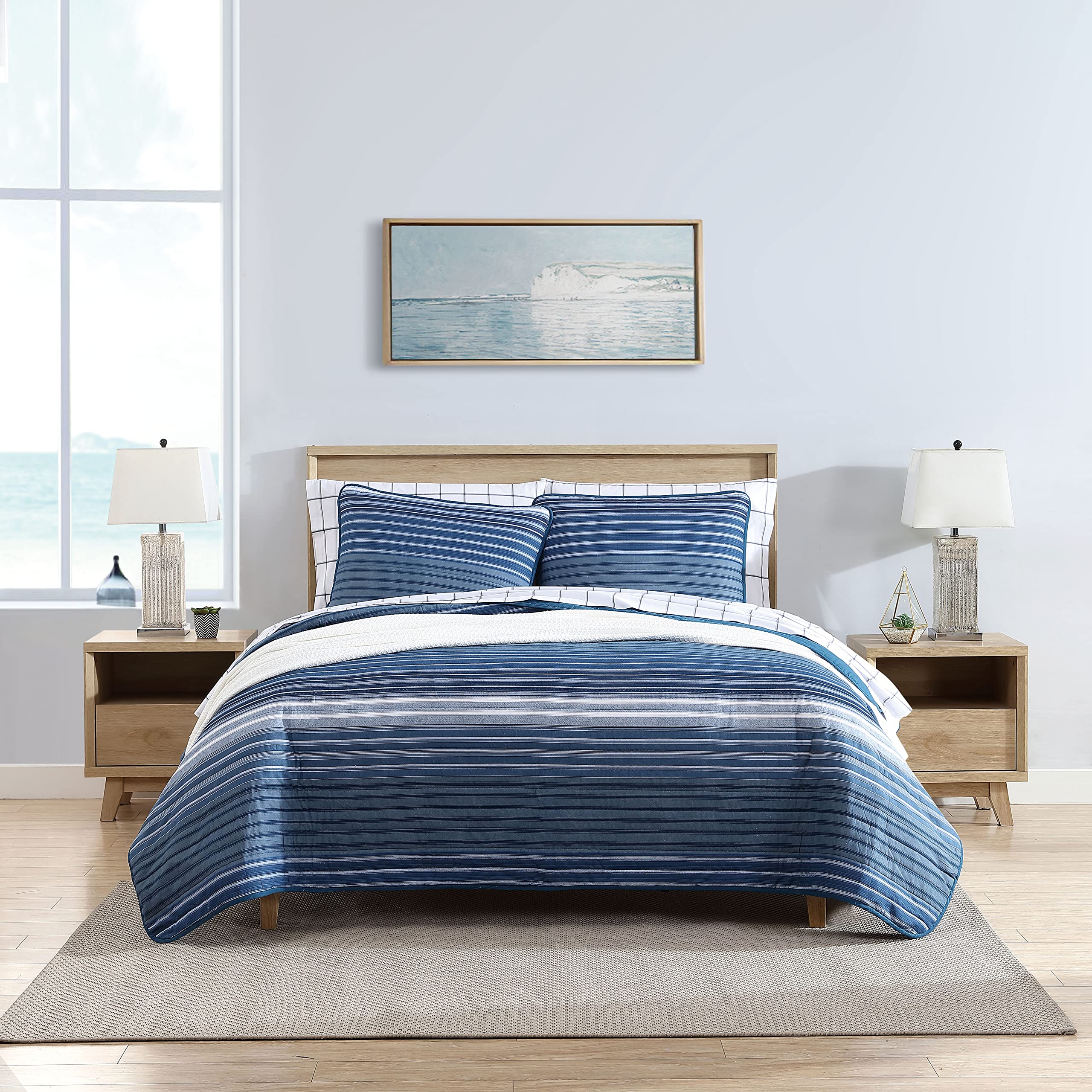 Nautica Queen Cotton Quilt Set, Blue